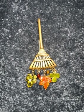 Vintage Gold Tone Rake Brooch with Enamel Autumn Leaves Dangle Leaves and Beads
